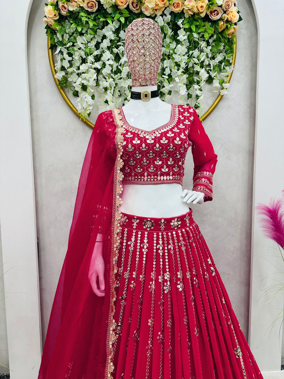 Red Color Foux Gorgette  Sequence Work Lehenga Choli LC-6437
